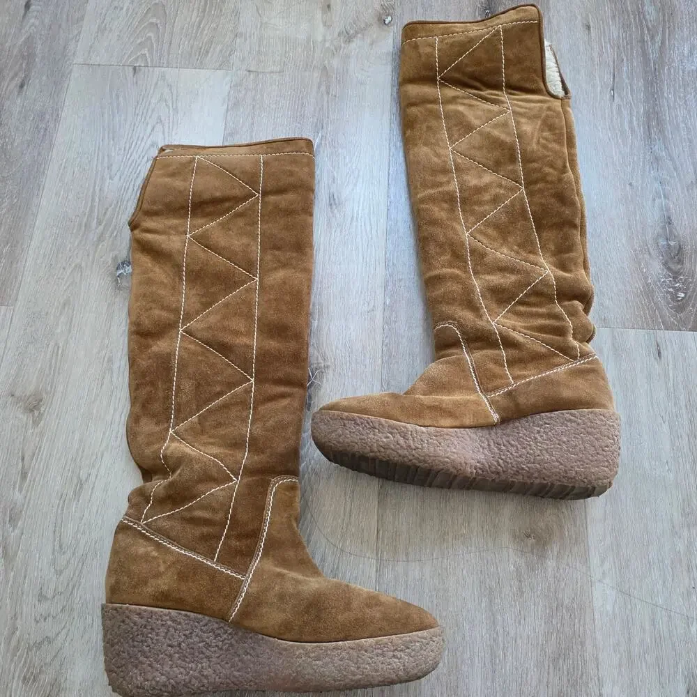 Michael Kors Crosby Camel Brown Suede Leather Knee High Wedge Boot sz 8 Winter